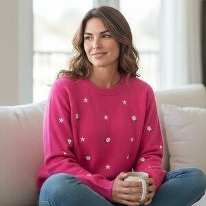 Umgee Floral Star Embroidered Oversized Sweater S Cottagecore Barbie Festive 90s